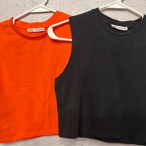 Zara Women’s Cropped Muscle Vibrant Orange AND Classic Black Tank Top